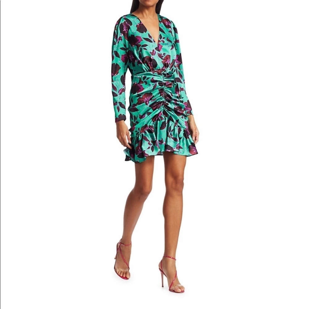 Delfi collective Isla Teal Magenta Floral Ruched long sleeve Mini Dress